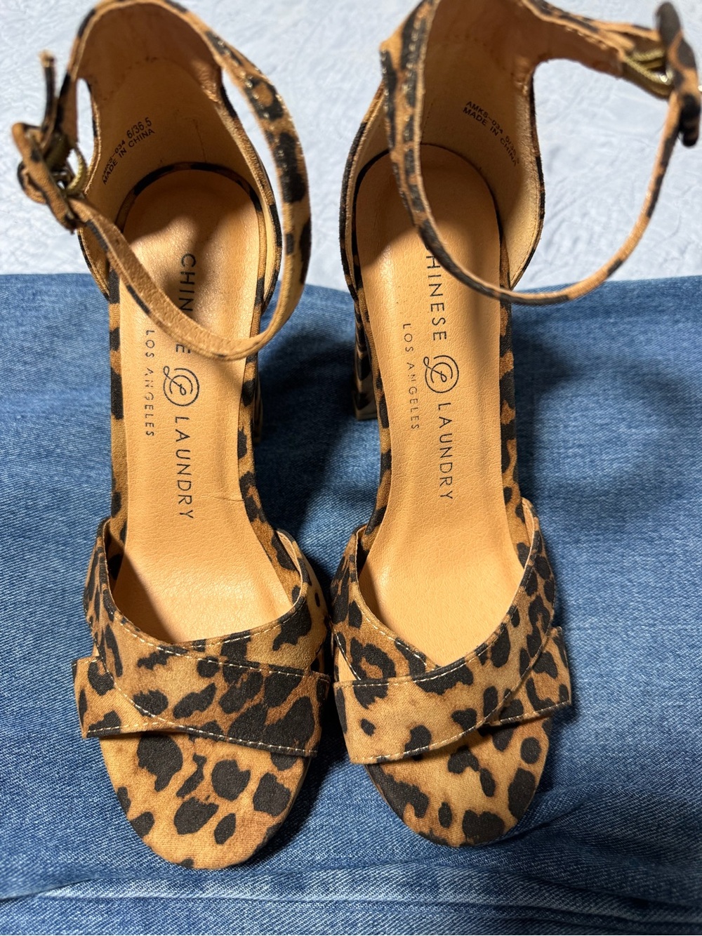 Chinese Laundry Leopard Print Ankle-Strap Block Heels - Tan/Black